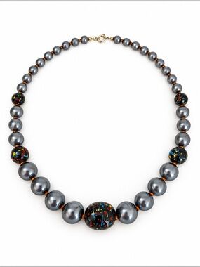Vintage Gray Pearl Necklace with Multicolor Speckled Beads